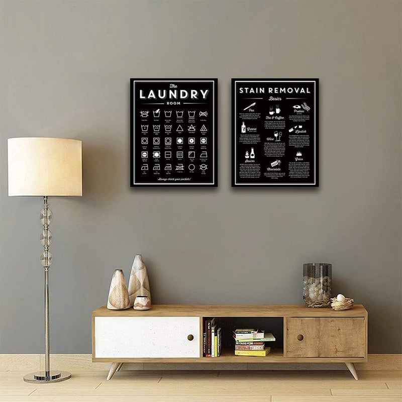Ecyanlv Laundry Symbols Wall Art Canvas Stain Removal Sign Laundry Guide Wall Art Cleaning Poster Black White Pictures for Room Decor Housewarming Gift 16X20Inchx2 Unframed - Image 4
